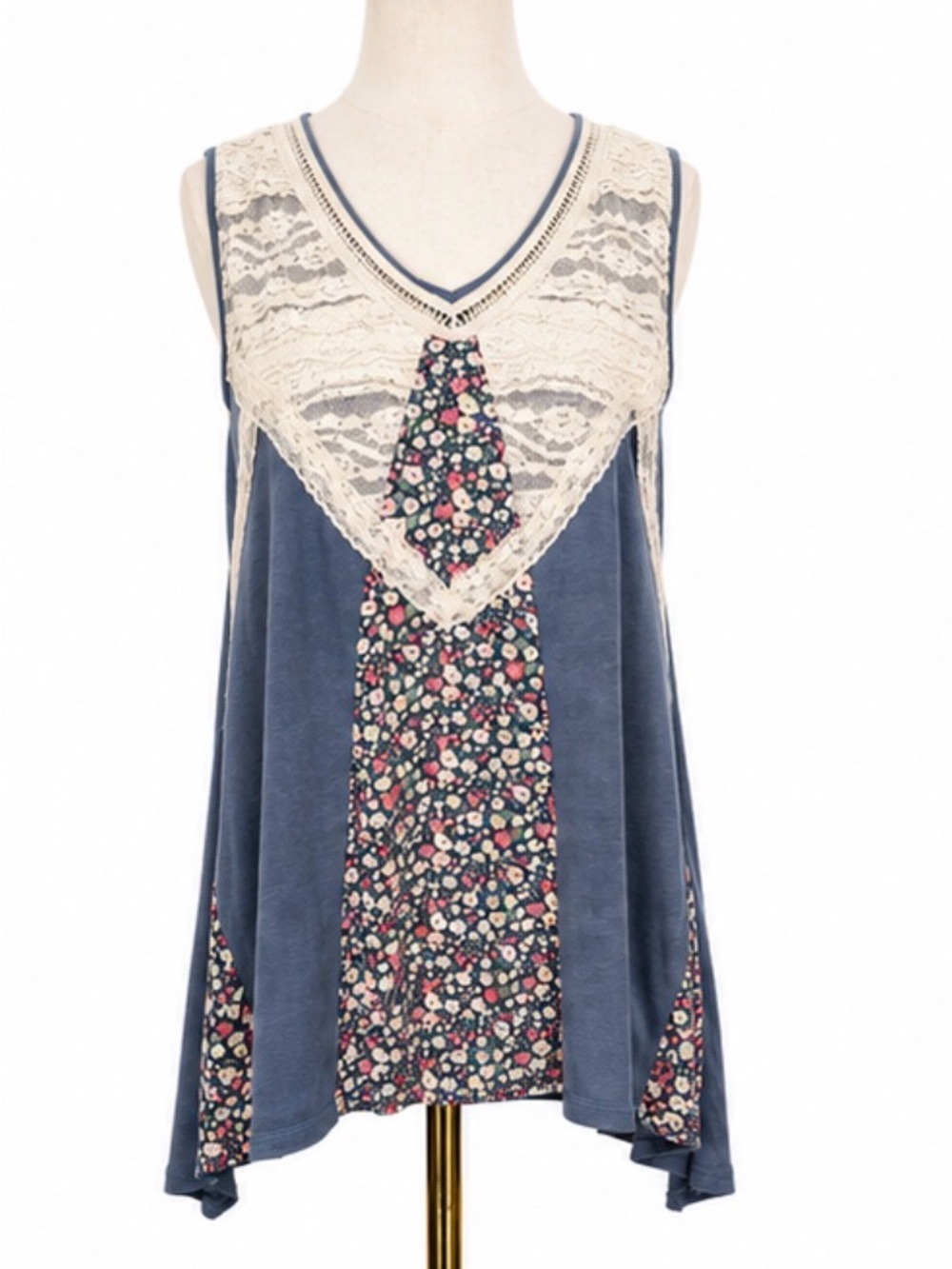 Umgee Boho Floral Lace Trim Sleeveless Tunic Top Size Small